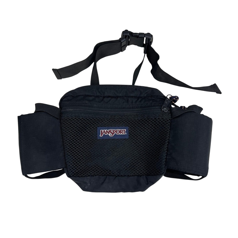 Vintage JanSport Fanny Pack Black Made in USA Hiking Waist Bag Bottle Holder